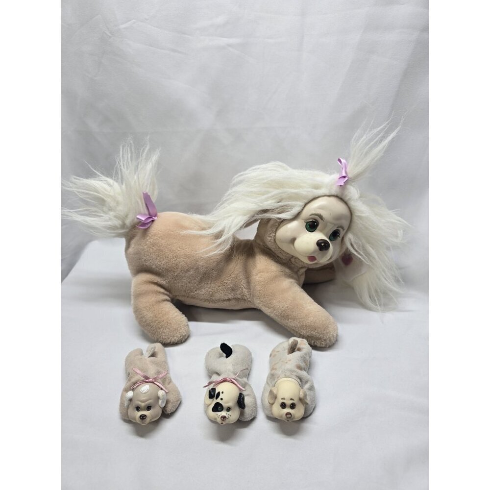 Vintage 1991 Hasbro Puppy Surprise Plush Tan mom Dog 3 puppies- *WELL USED*